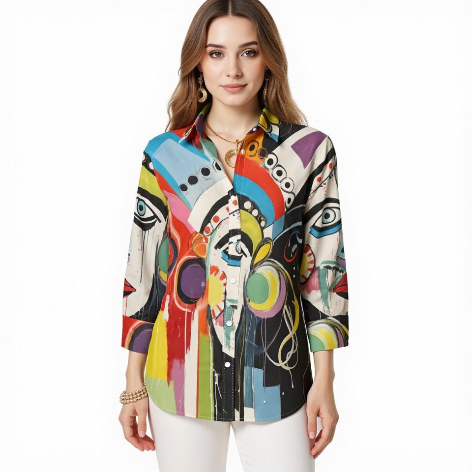 Vibrant Face Art Print Long Sleeve Shirt